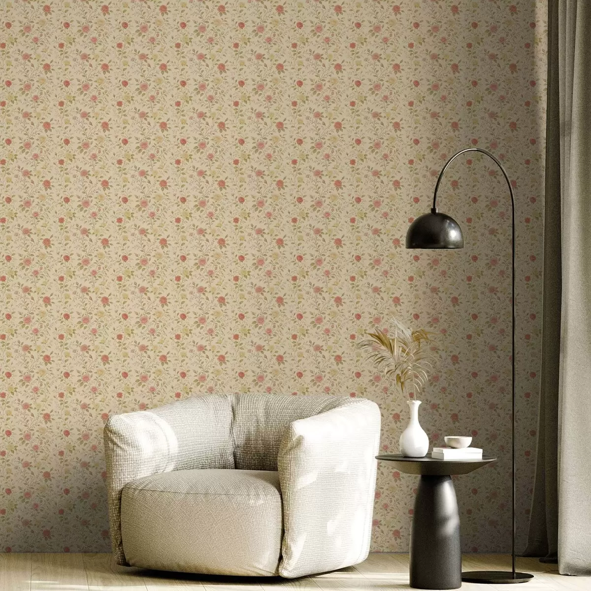 Tapete Vintage-Rosen in Pfirsich und Gelb auf cremefarbenem Hintergrund a00577