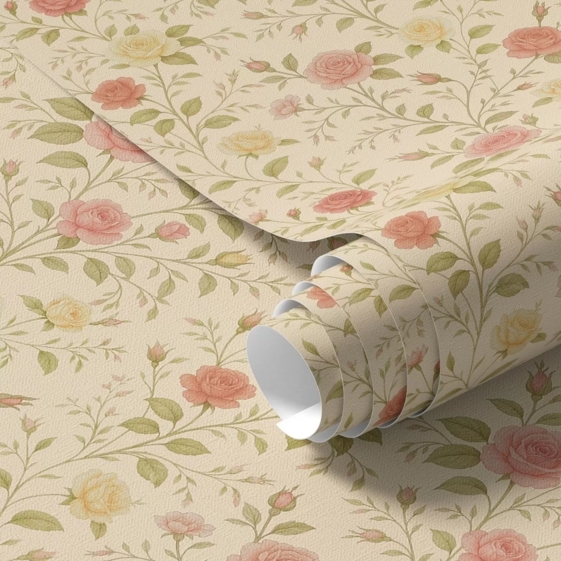 Fototapete Vintage-Rosen in Pfirsich und Gelb auf cremefarbenem Hintergrund a00577