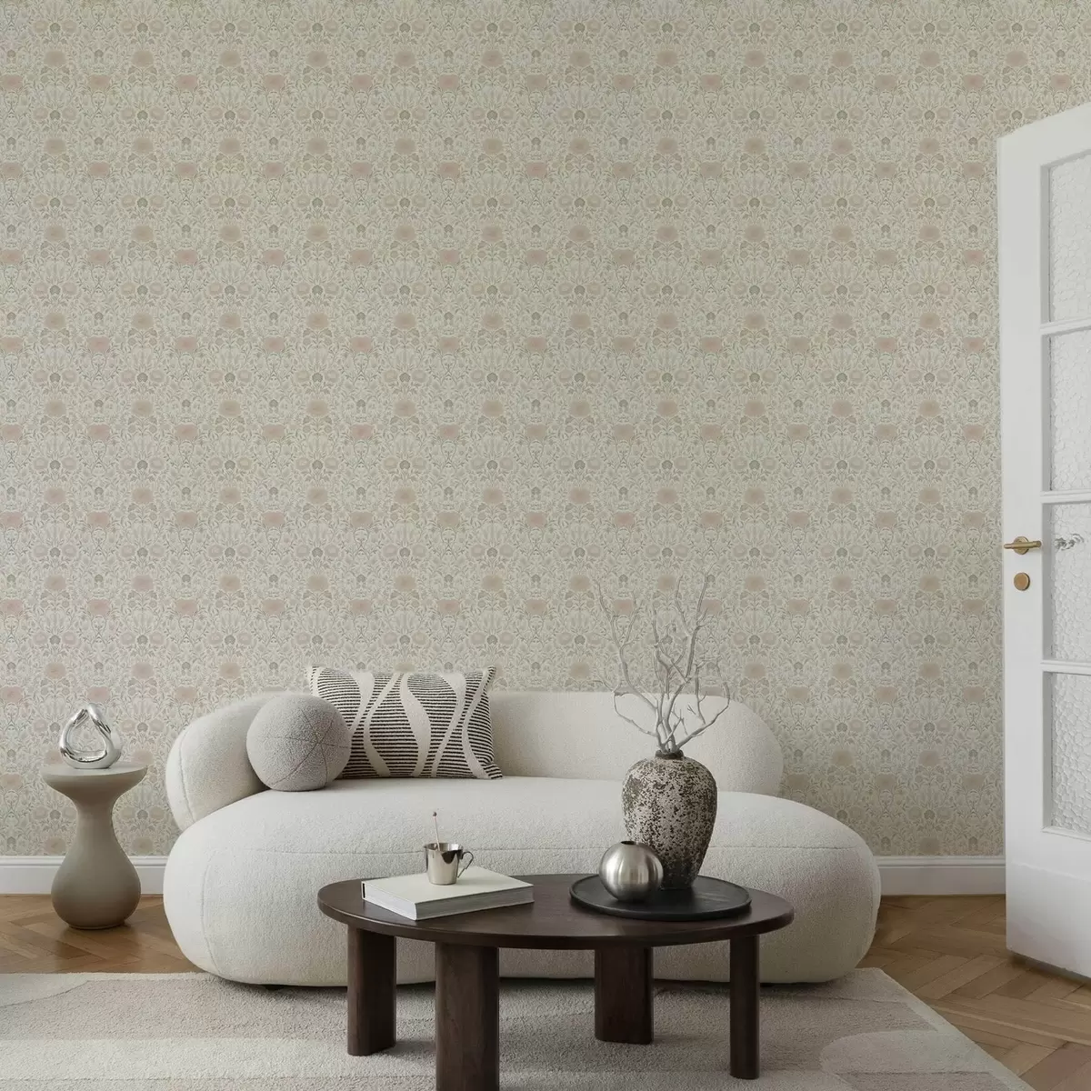 Tapete Morris-Stil: Pfingstrosen und Gräser in sanften Beige- und Grüntönen a00581