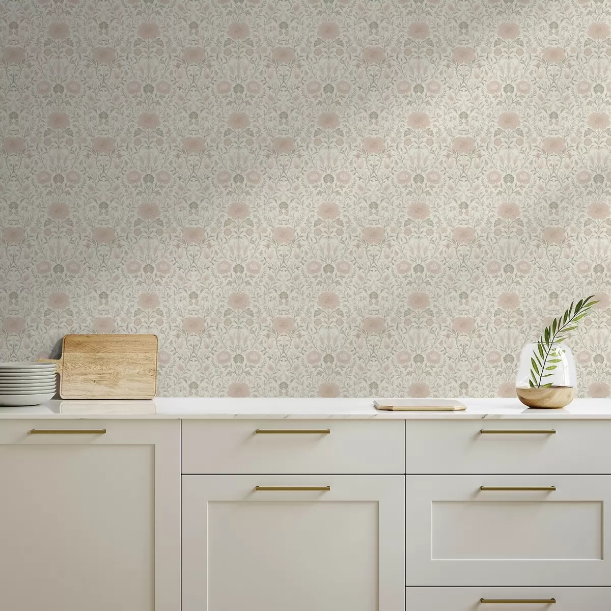 Tapete Morris-Stil: Pfingstrosen und Gräser in sanften Beige- und Grüntönen a00581