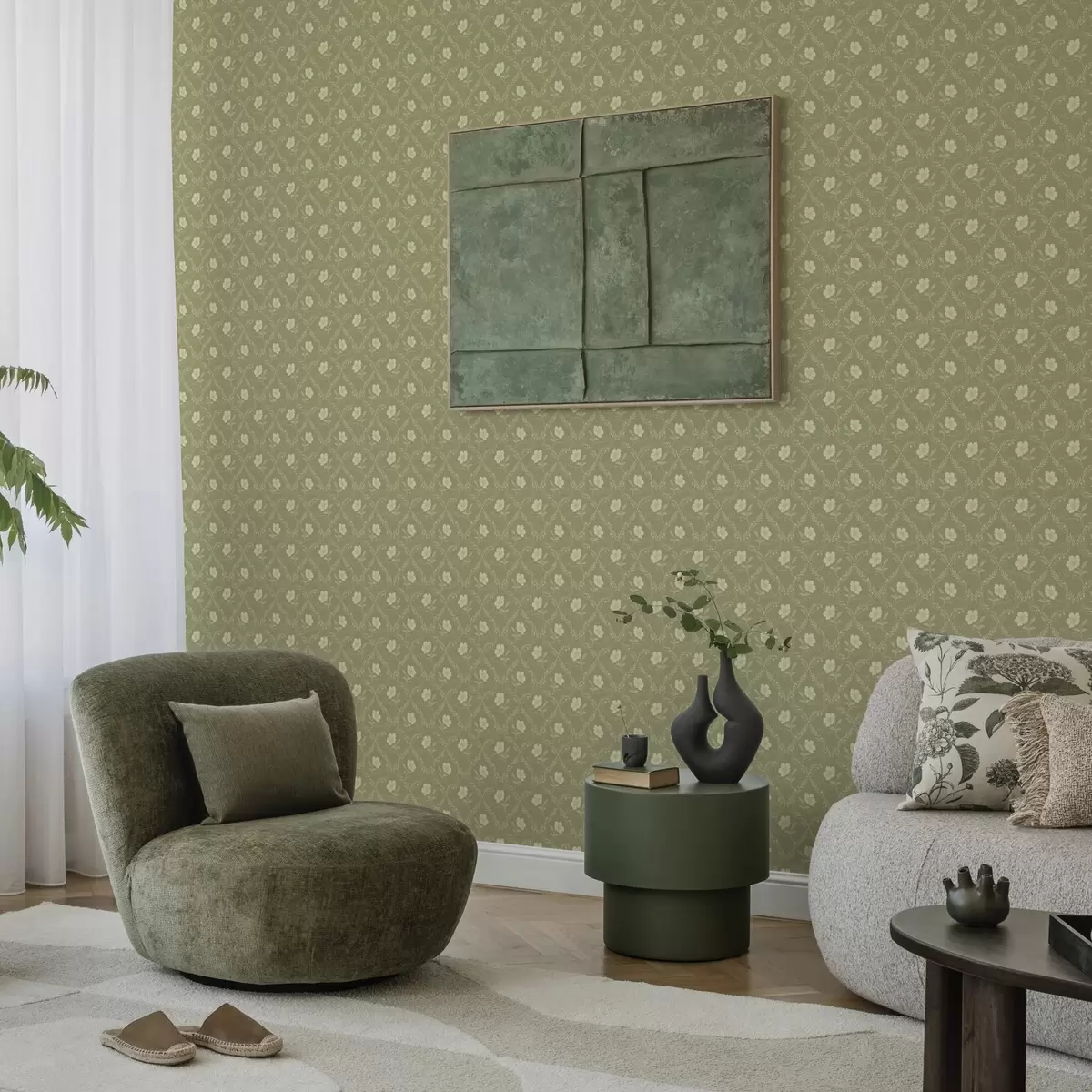 Tapete Olivenbaum-Spalier mit cremefarbenen Blüten, Retro-Ornament a00585