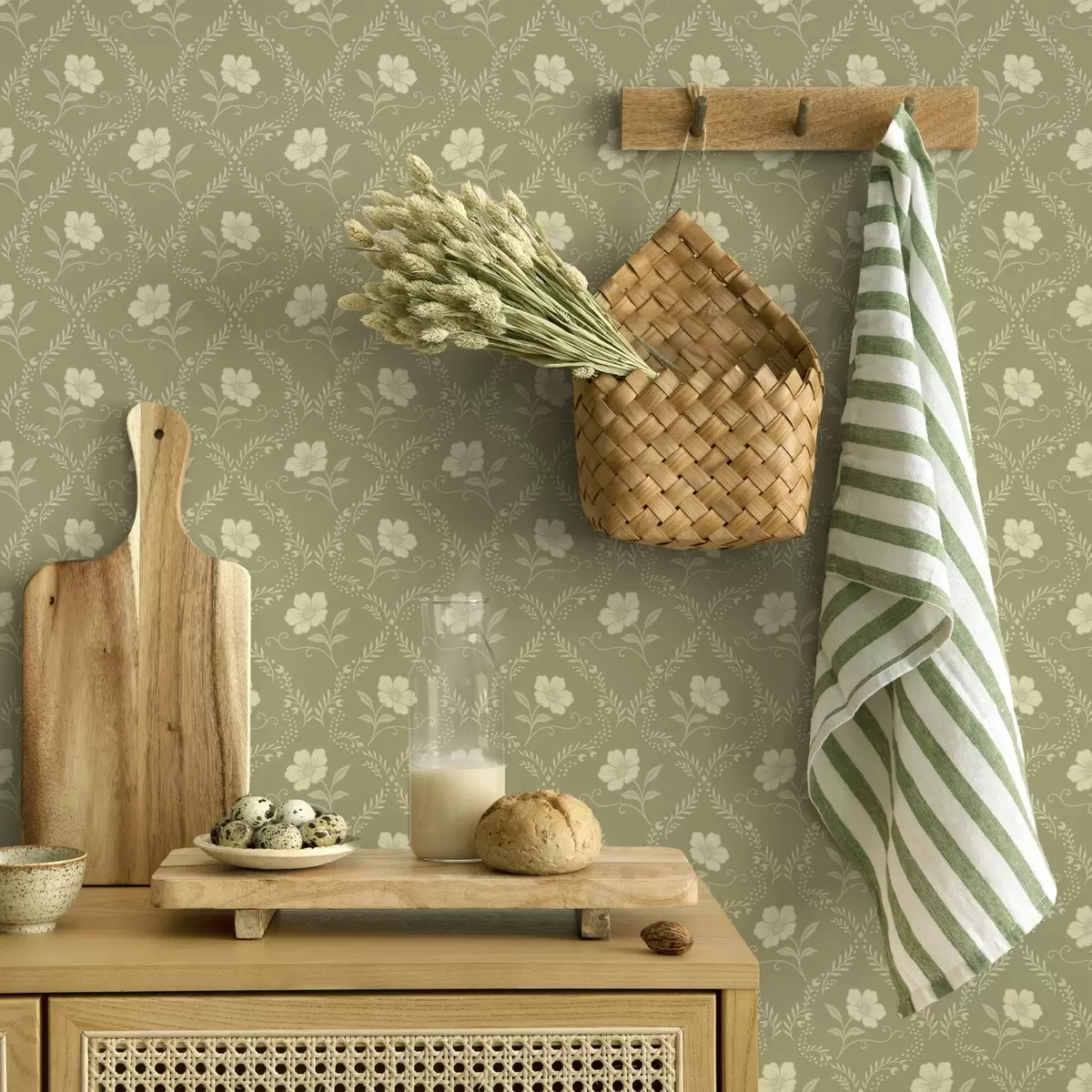 Tapete Olivenbaum-Spalier mit cremefarbenen Blüten, Retro-Ornament a00585