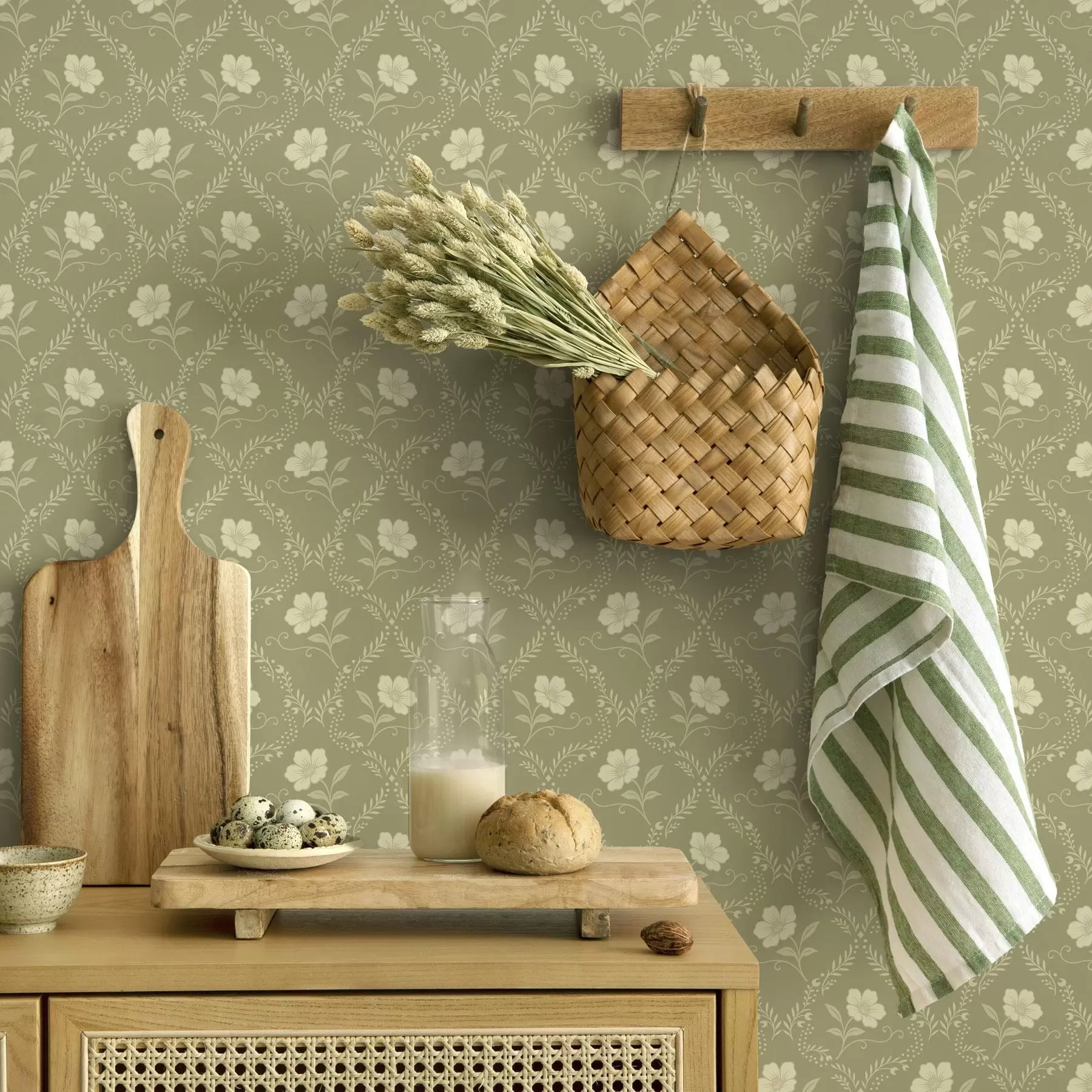 Fototapete Olivenbaum-Spalier mit cremefarbenen Blüten, Retro-Ornament a00585