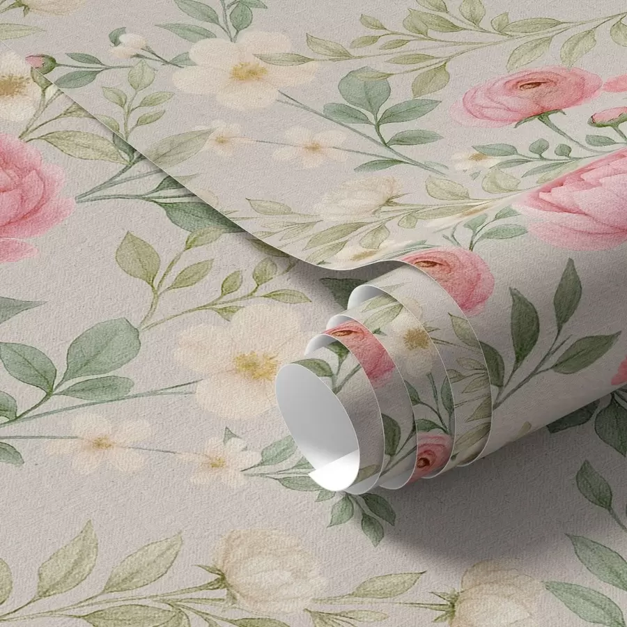 Fototapete Aquarell-Pfingstrosen und weiße Blumen auf grau-beigem Hintergrund a00592