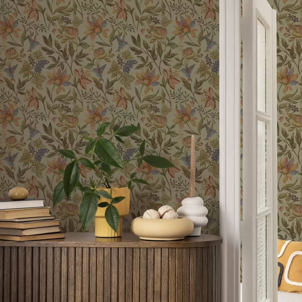 Tapete Vintage-Blumen und Vögel mit Trauben auf olivfarbenem Hintergrund a00594