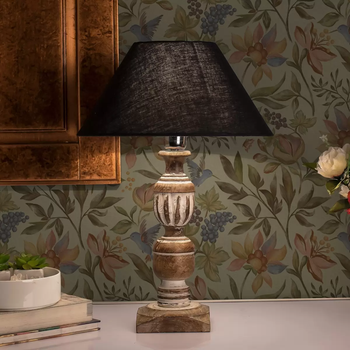 Tapete Vintage-Blumen und Vögel mit Trauben auf olivfarbenem Hintergrund a00594