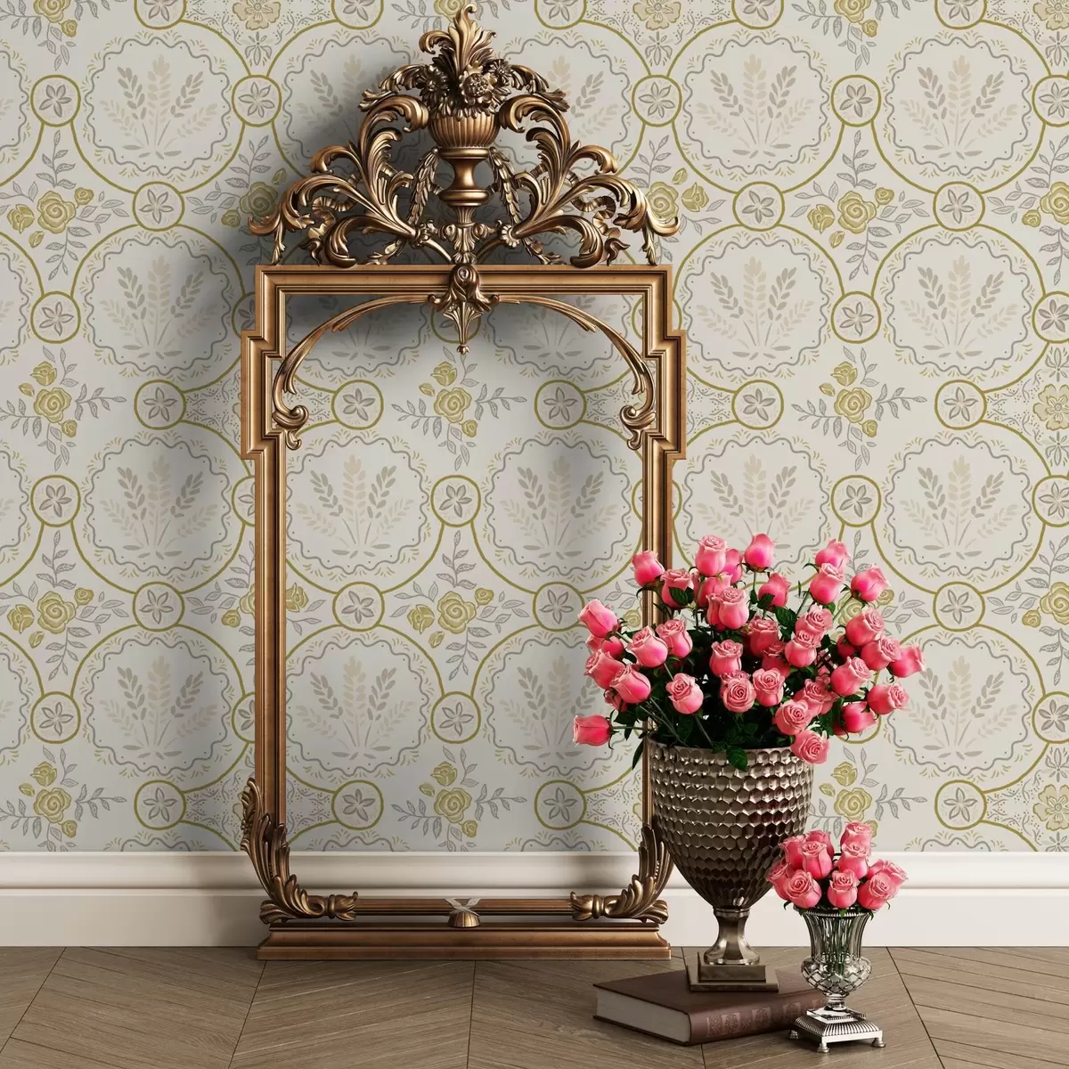 Tapete Retro-Ornament mit Weizen und Rosen in Gold a00595