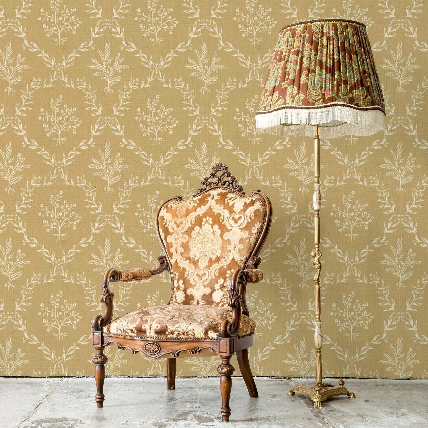 Fototapete Weiße Kränze aus Kräutern und Blumen auf senffarbenem Hintergrund a00599