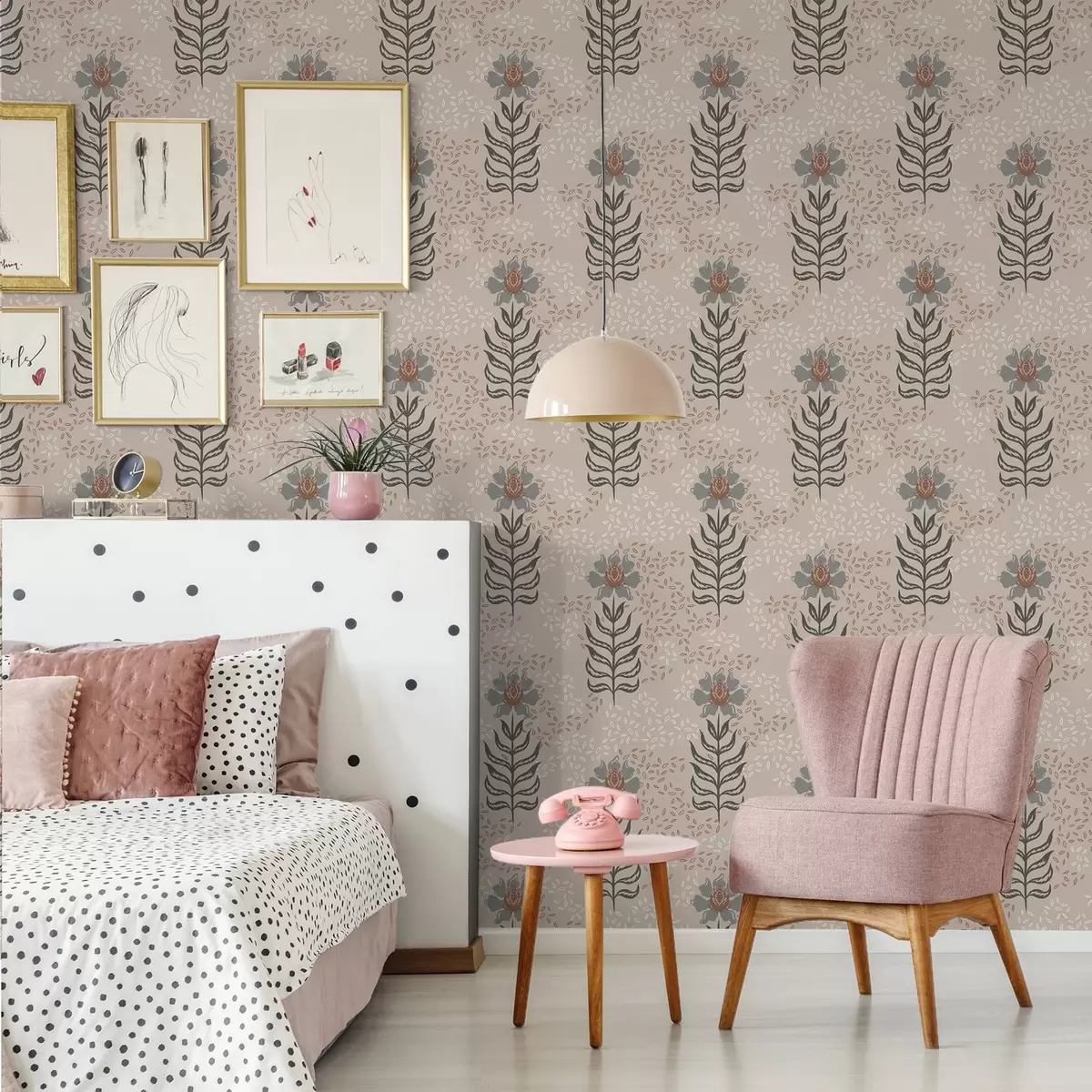 Tapete Stilisierte Blumen und Samen auf warmem Beige a00604