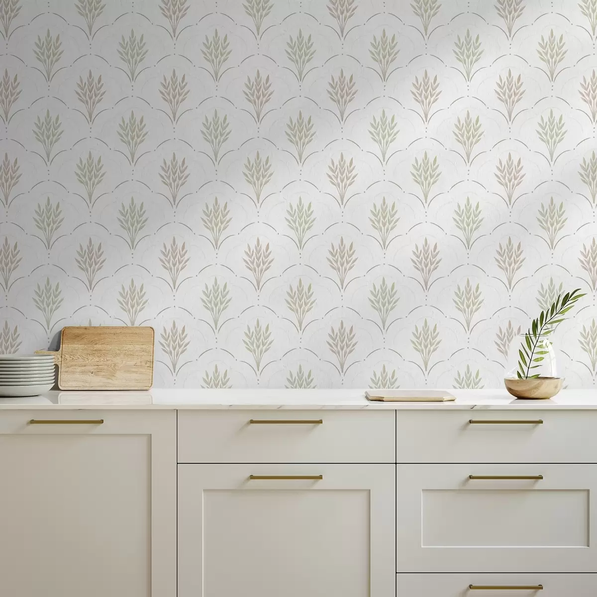 Tapete Weizen in einem gewölbten Ornament, sanfte Pastelltöne auf Weiß a00607v1