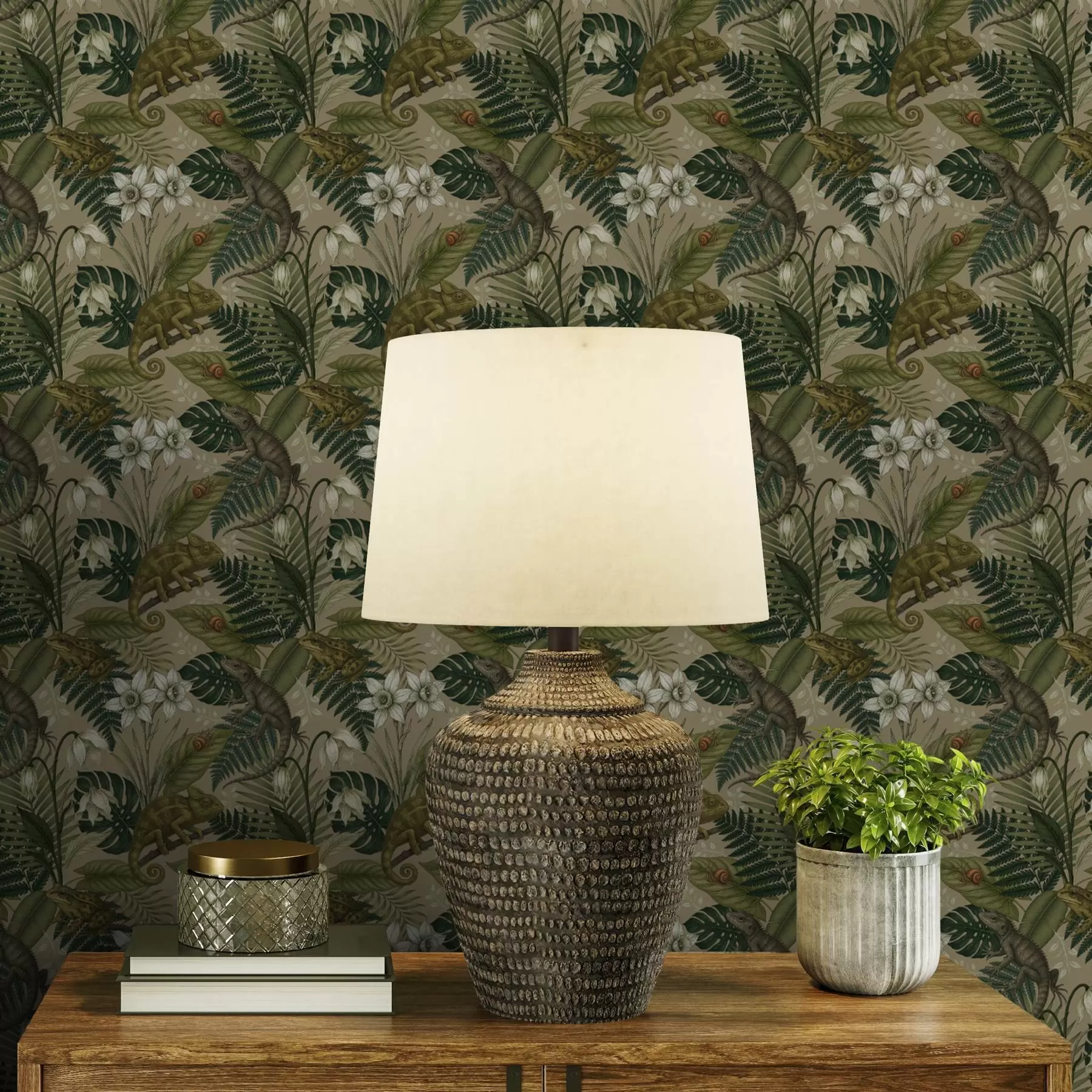 Fototapete Chamäleons und tropische Blätter, weiße Blumen, beiger Hintergrund a00608