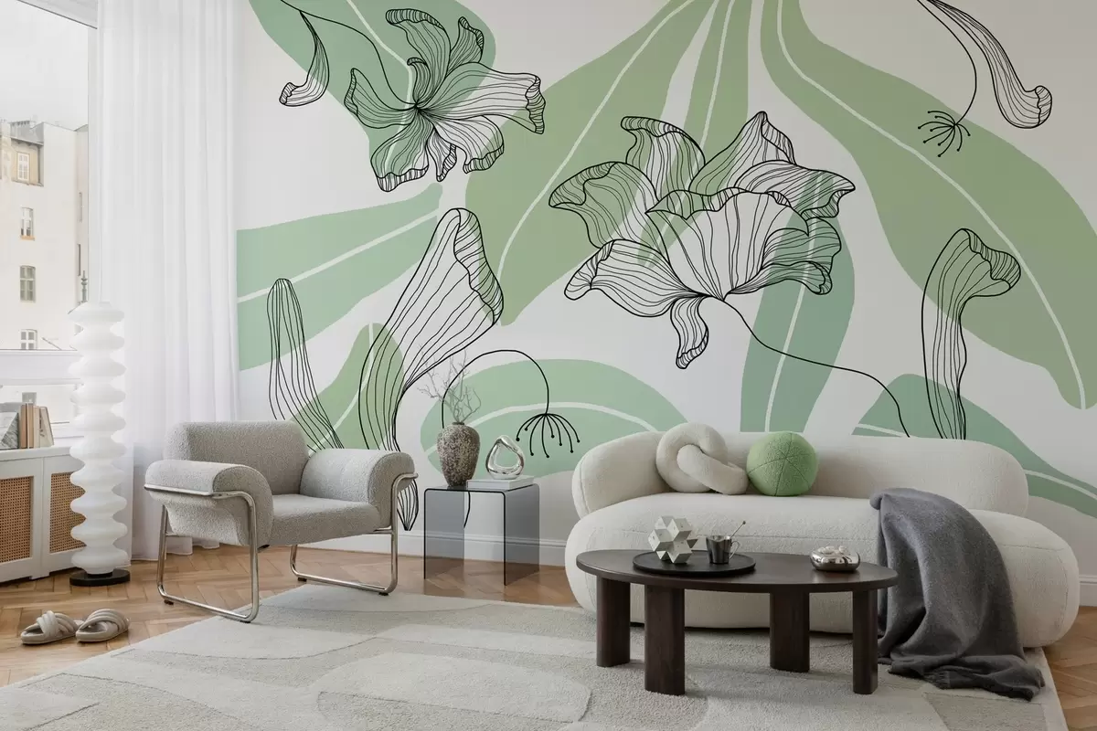 Fototapete abstrakte Blätter und Blumen in Grüntönen w04499v1