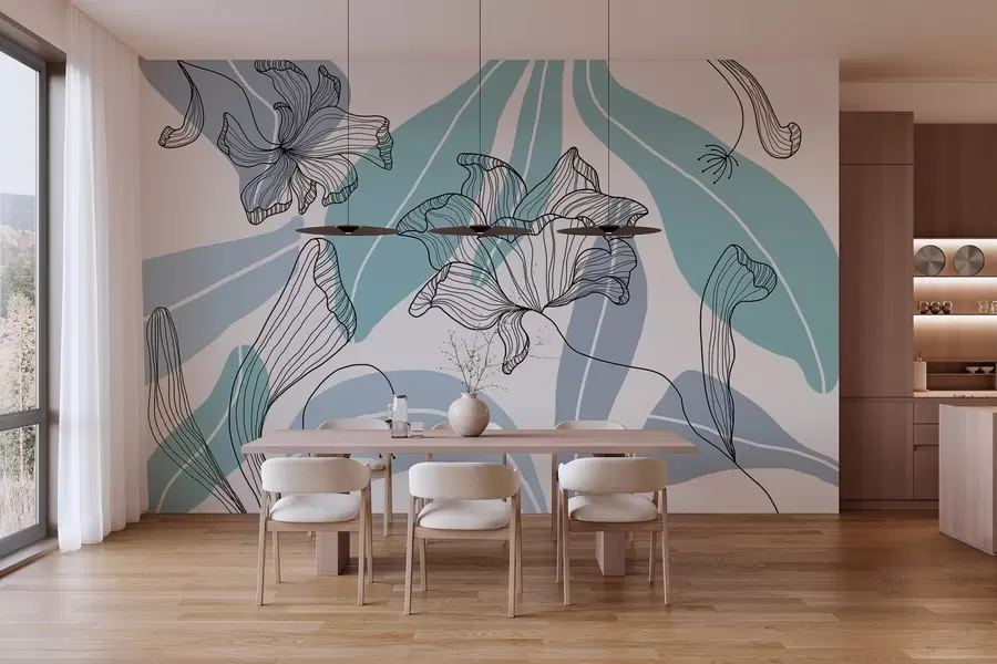 Fototapete abstrakte Blätter und Blumen in Blautönen w04499v2