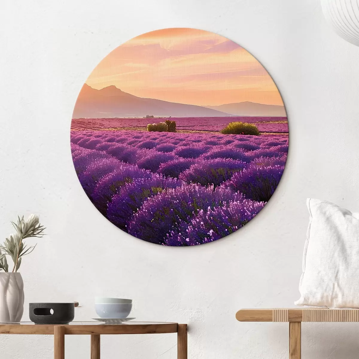 Runde Wandbilder Lavendel vor dem Hintergrund eines Sonnenuntergangs in den Bergen r45664