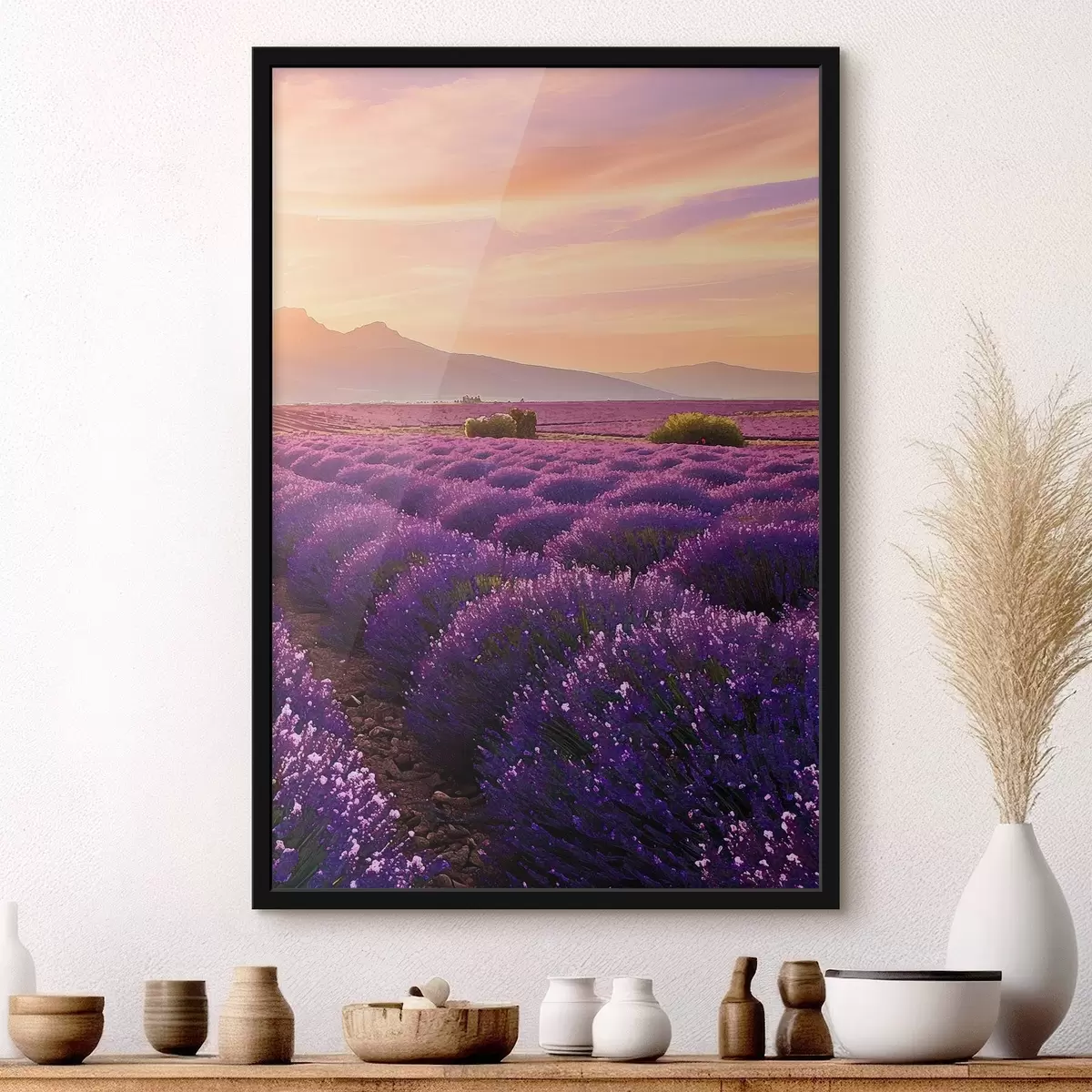 Poster Lavendel vor dem Hintergrund eines Sonnenuntergangs in den Bergen f45664