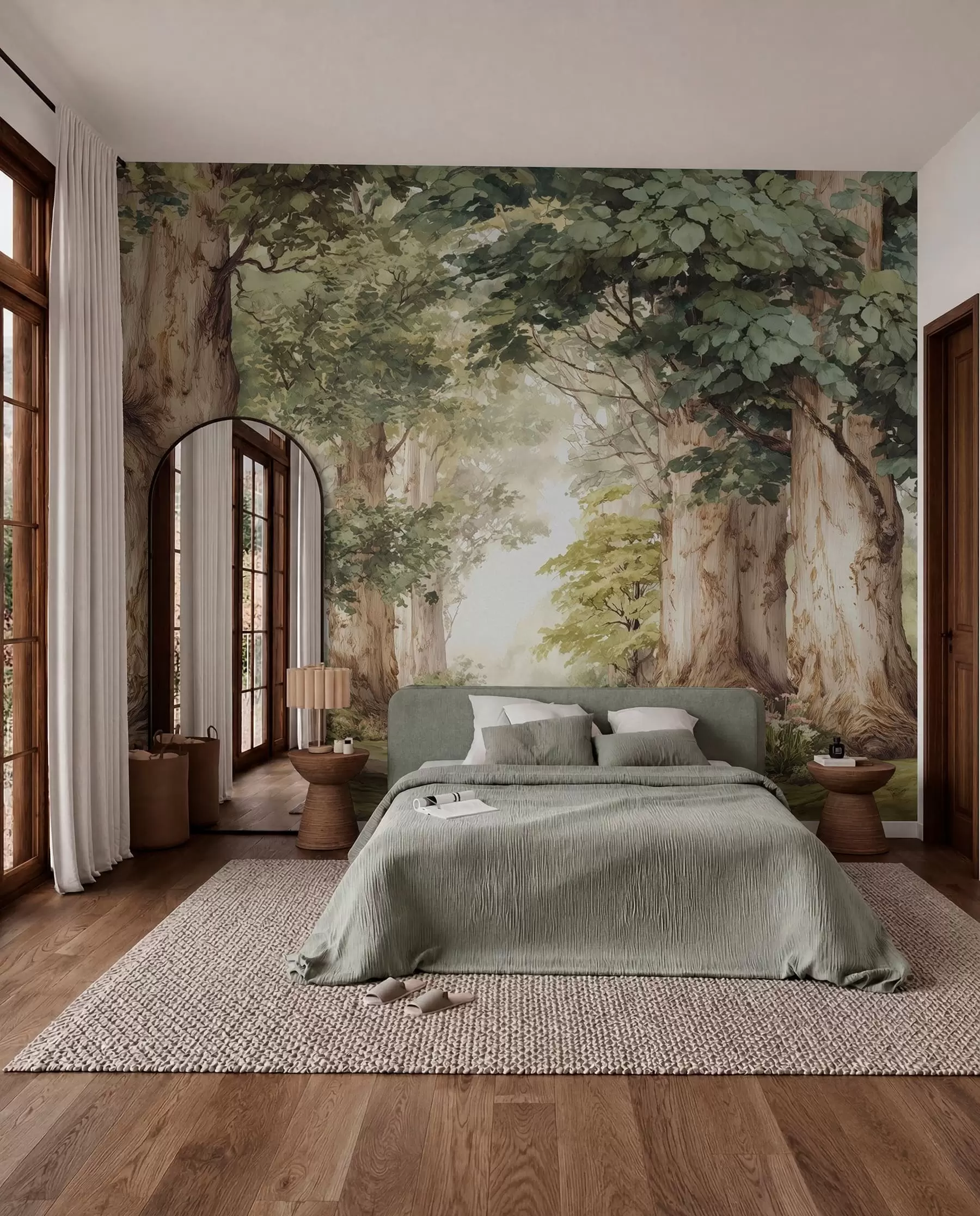 Fototapete Waldweg zwischen majestätischen Bäumen im Aquarellstil w09404