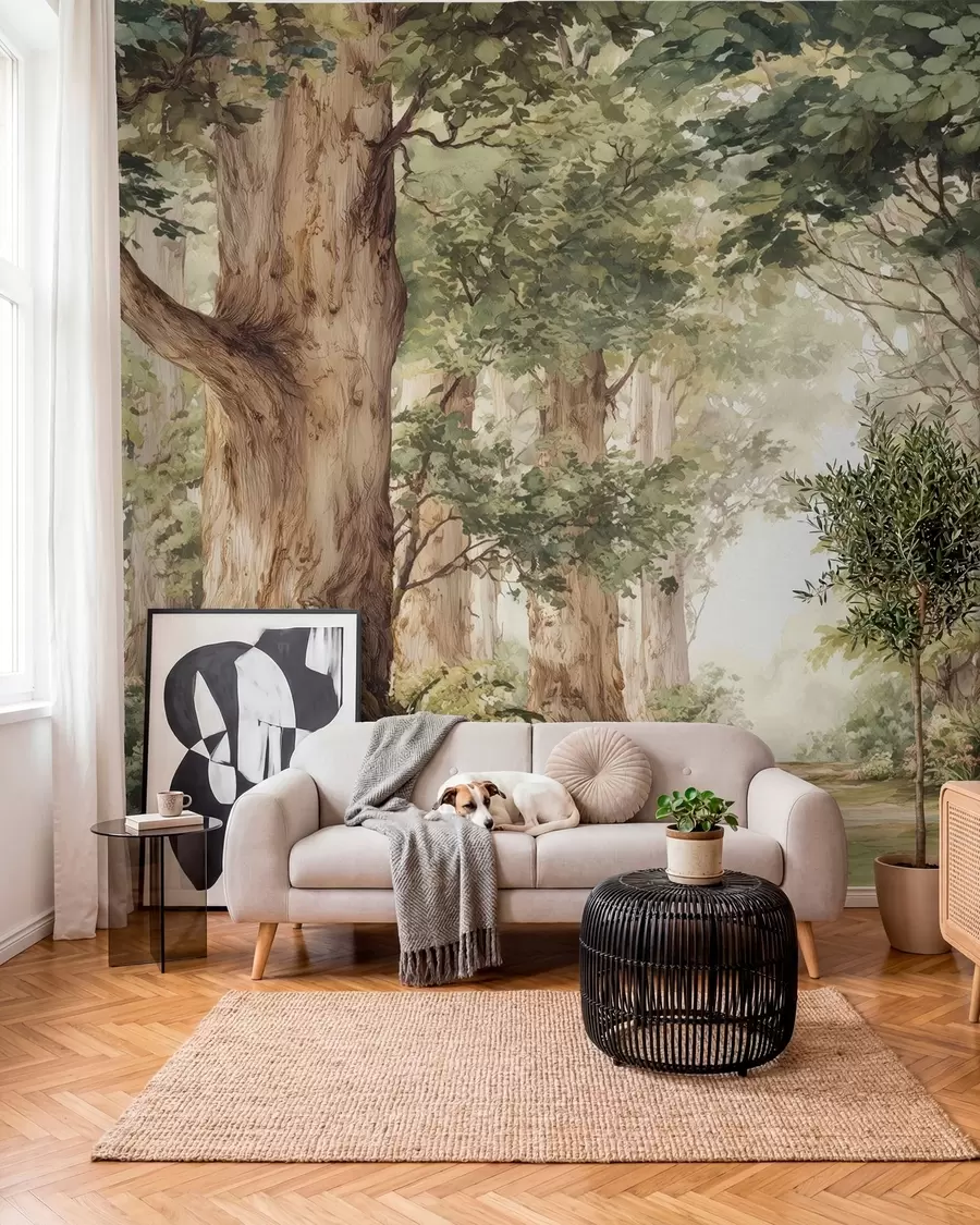 Fototapete Waldweg zwischen majestätischen Bäumen im Aquarellstil w09404