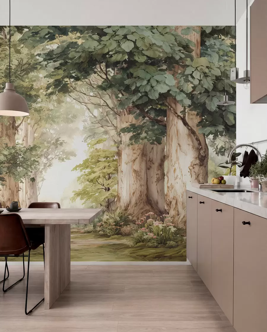 Fototapete Waldweg zwischen majestätischen Bäumen im Aquarellstil w09404