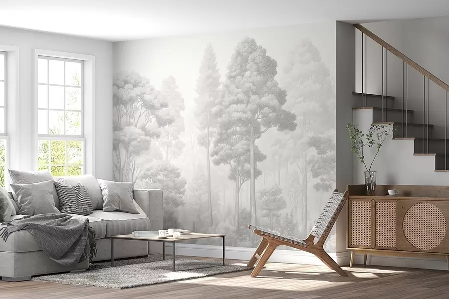 Fototapete Künstlerische Waldlandschaft in der Technik der schwarz-weißen grafischen Schraffur w09411