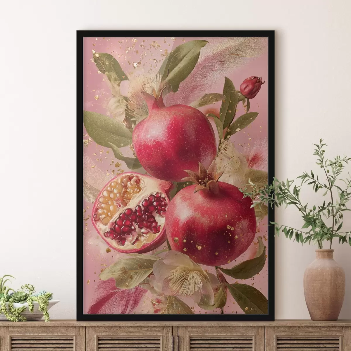 Poster Reife Granatäpfel auf rosa Hintergrund mit Blättern und goldenen Sprenkeln f45868