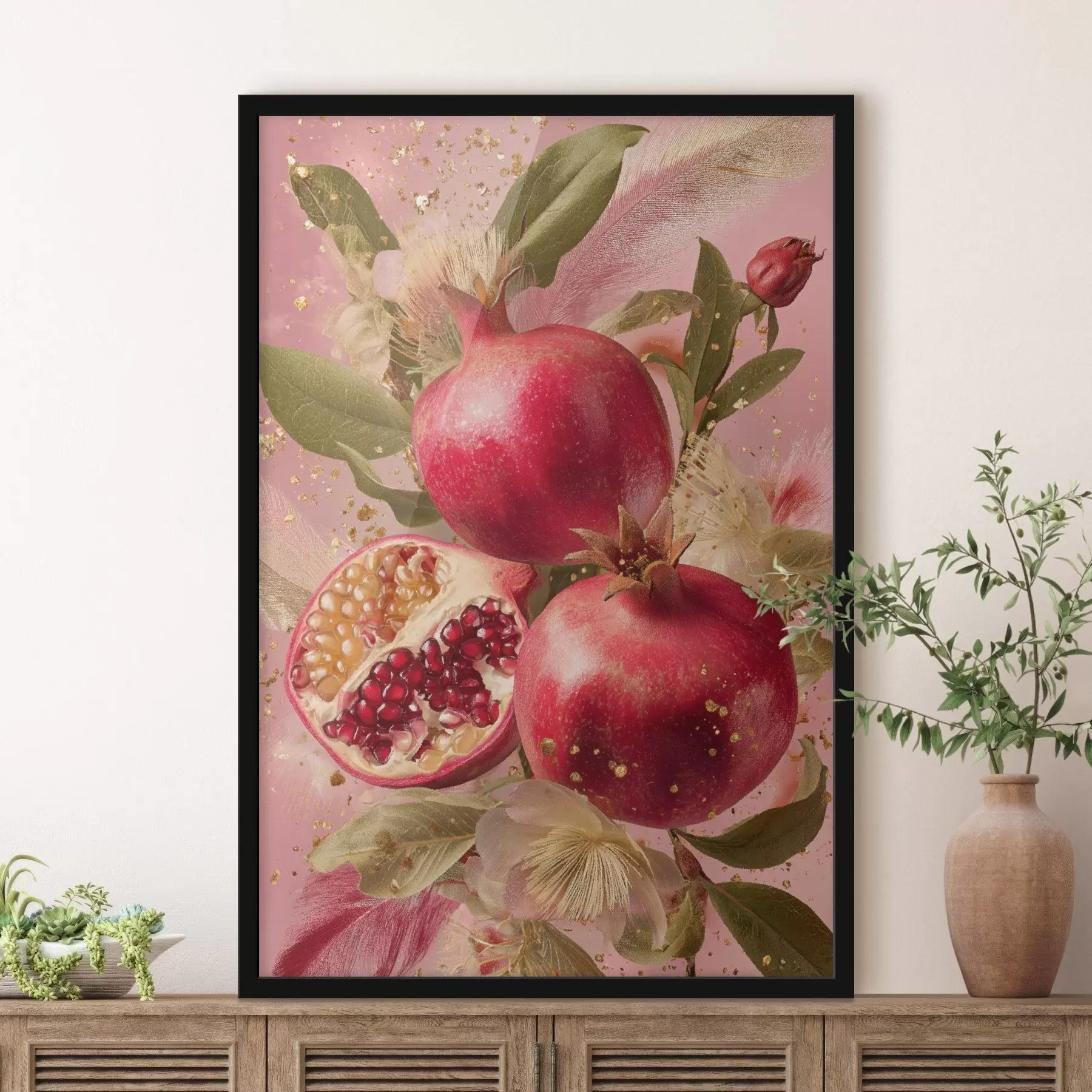 Fototapete Reife Granatäpfel auf rosa Hintergrund mit Blättern und goldenen Sprenkeln f45868