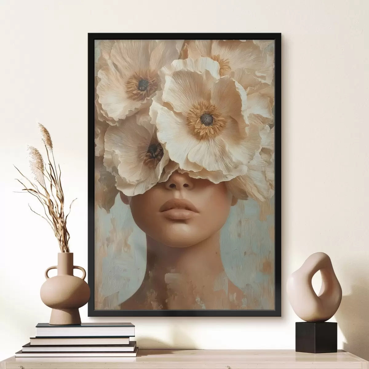 Poster Porträt mit beigen Blumen, die die Augen bedecken f45870