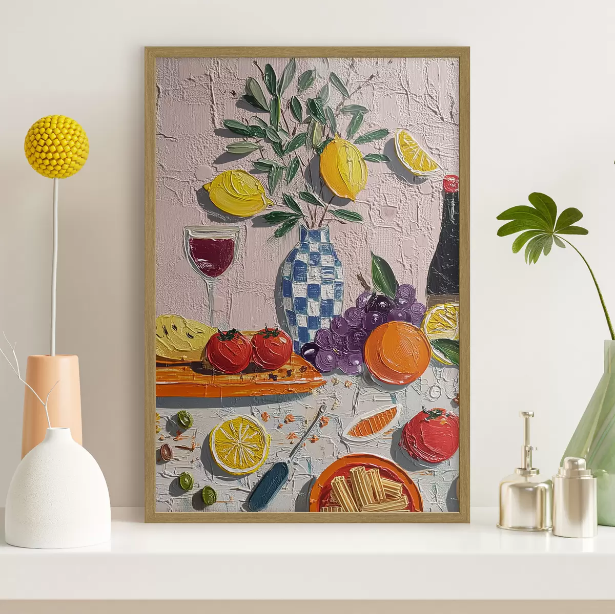 Poster Pastell-Stillleben: Zitronen, Trauben und Tomaten, Impasto f45876