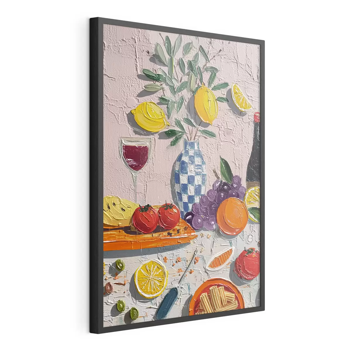 Poster Pastell-Stillleben: Zitronen, Trauben und Tomaten, Impasto f45876