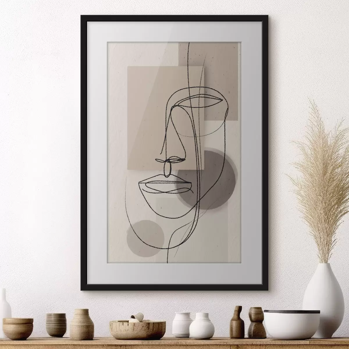 Poster Linienporträt über beigen geometrischen Formen f45886