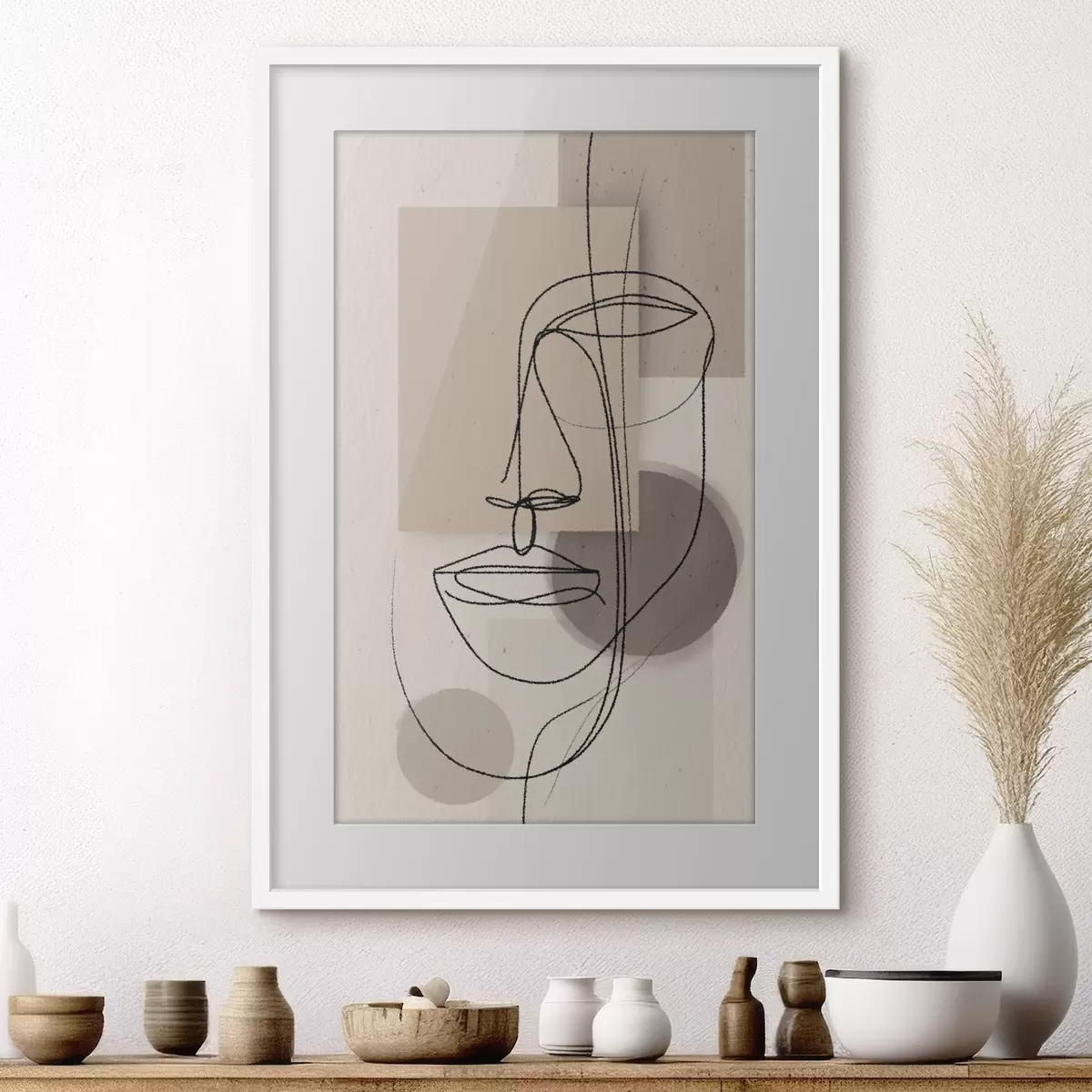Poster Linienporträt über beigen geometrischen Formen f45886
