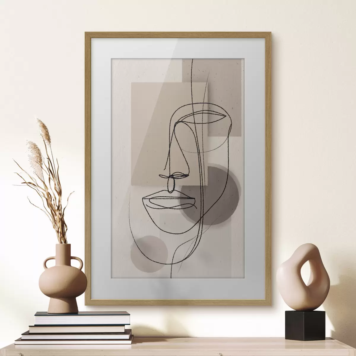 Poster Linienporträt über beigen geometrischen Formen f45886
