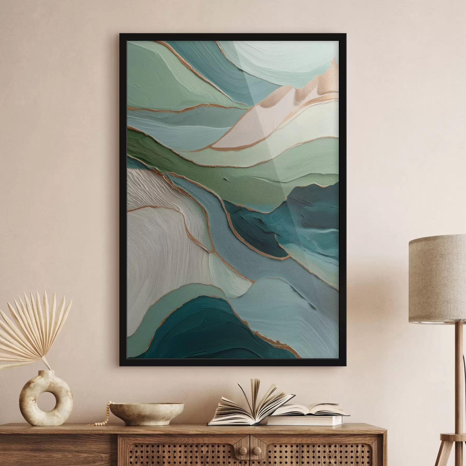 Fototapete Mehrschichtige grüne Abstraktion mit gelben Linien und Tiefe f45902