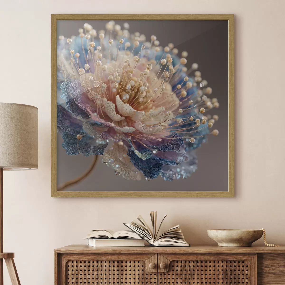 Poster Perlmuttfarbene Blume mit Tautropfen, pfirsich- und blaue Blütenblätter f45911