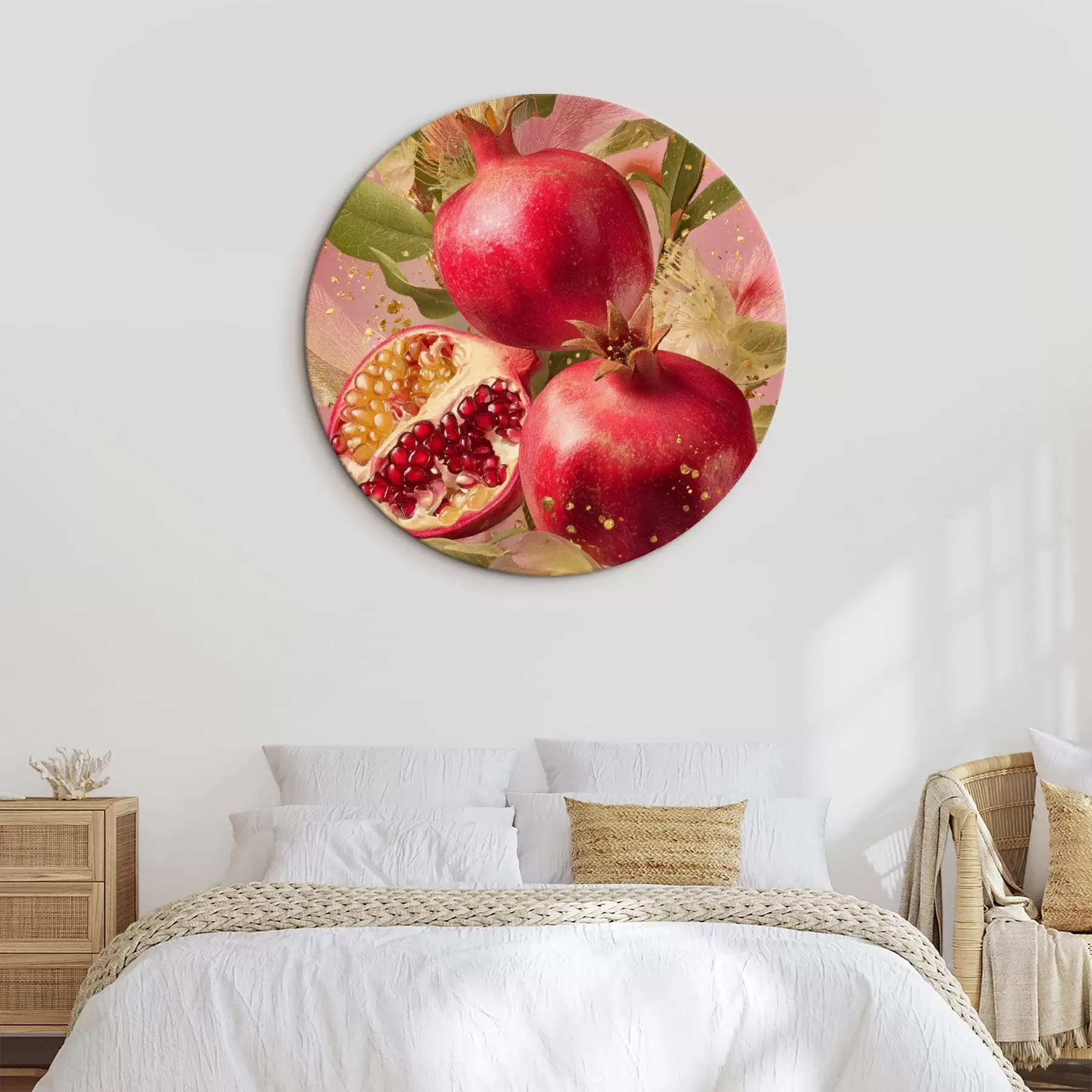 Fototapete Reife Granatäpfel auf rosa Hintergrund mit Blättern und goldenen Sprenkeln r45868