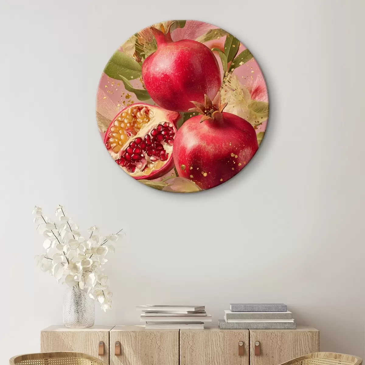 Runde Wandbilder Reife Granatäpfel auf rosa Hintergrund mit Blättern und goldenen Sprenkeln r45868
