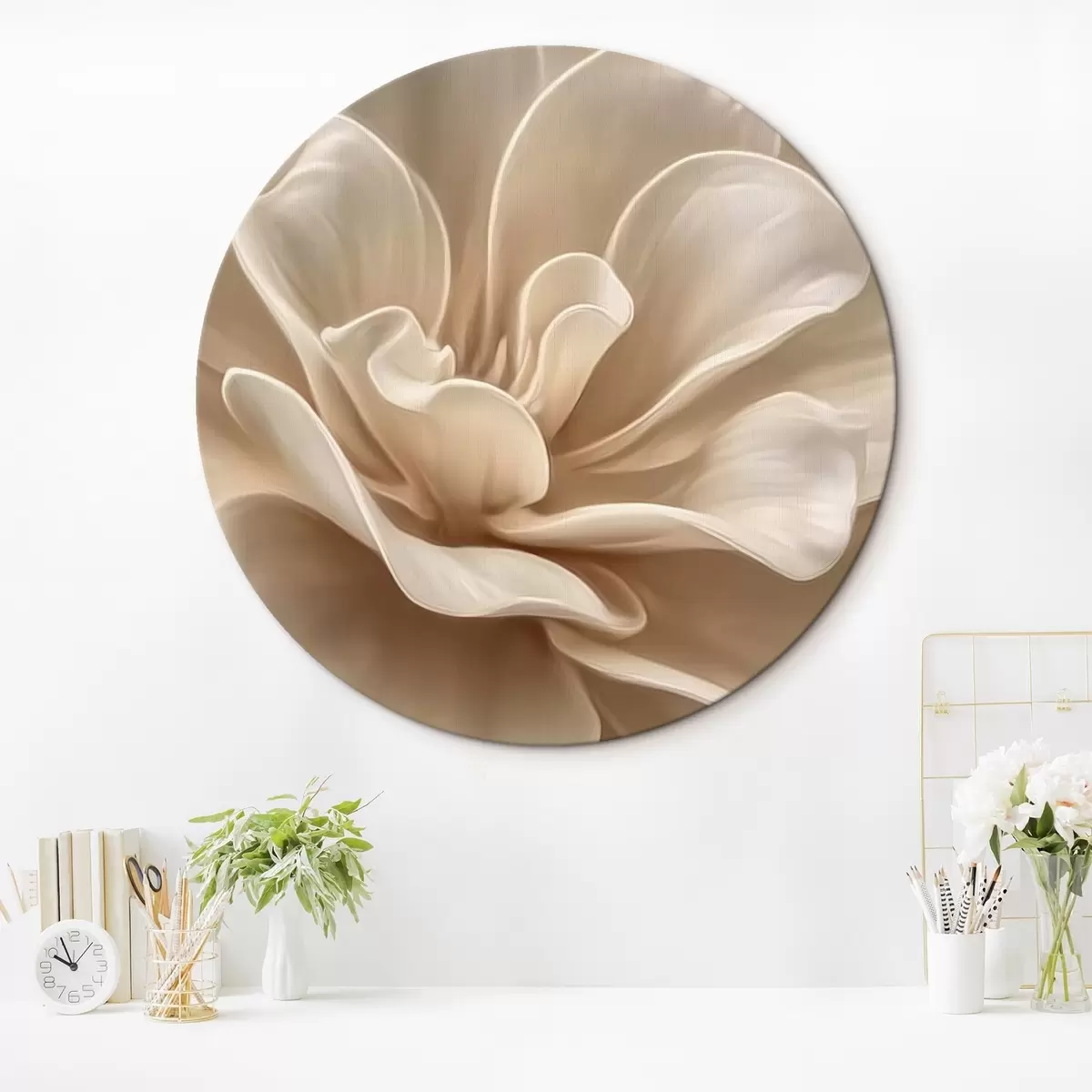 Runde Wandbilder Große cremefarbene Blume, weiche Blütenblätter, Makroaufnahme r45874