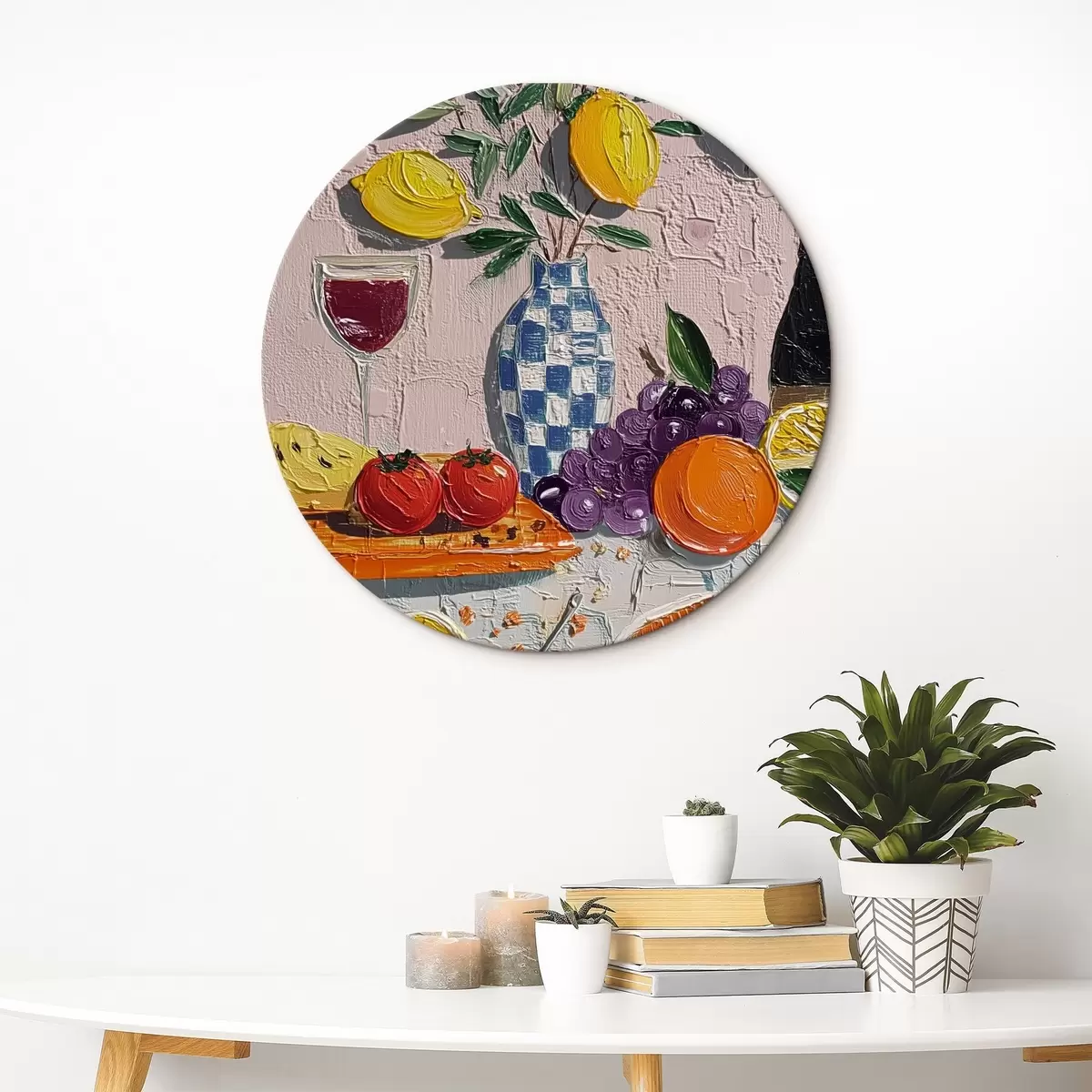 Runde Wandbilder Pastell-Stillleben: Zitronen, Trauben und Tomaten, Impasto r45876