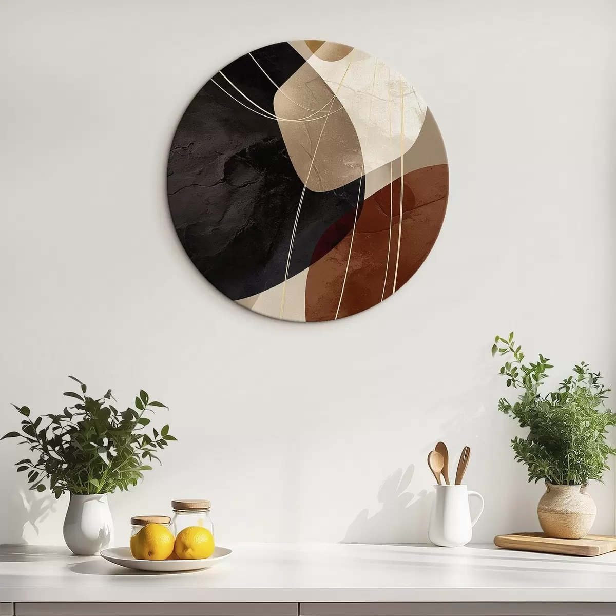 Runde Wandbilder Geometrische Formen in warmen Farben, feine Linien r45879