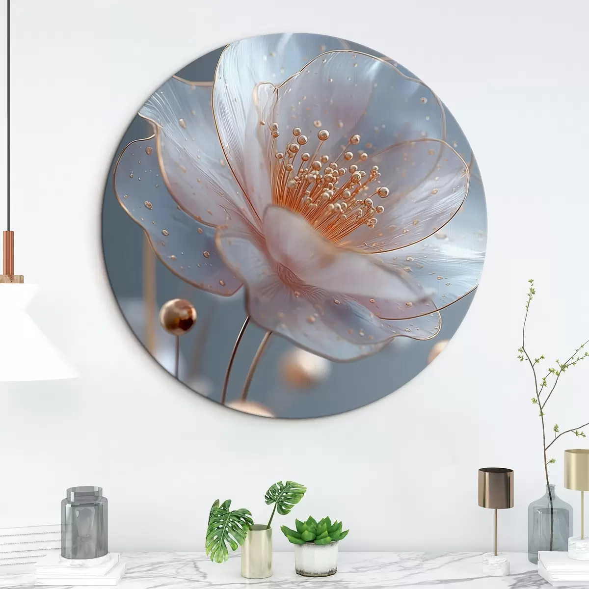 Runde Wandbilder Durchscheinende Blume mit kupferfarbenen Staubblättern auf blauem Hintergrund r45880