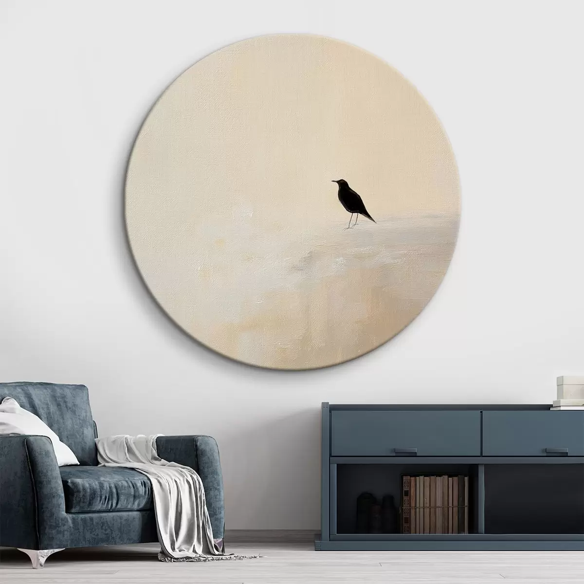 Runde Wandbilder Einsamer Vogel auf warmem beigem Hintergrund r45882