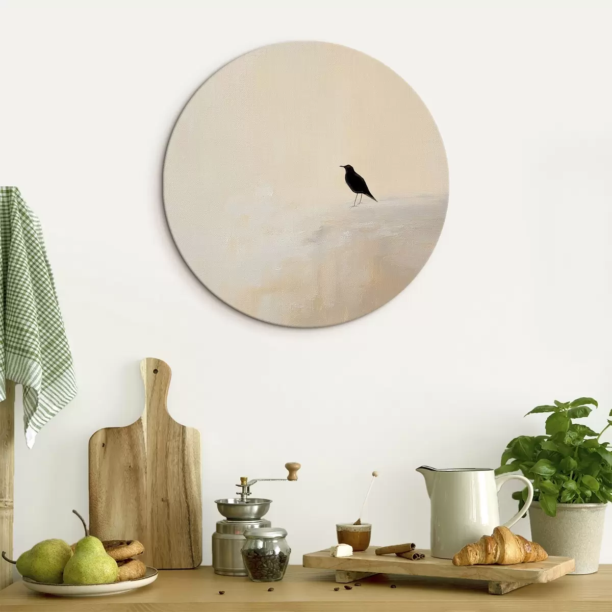 Runde Wandbilder Einsamer Vogel auf warmem beigem Hintergrund r45882