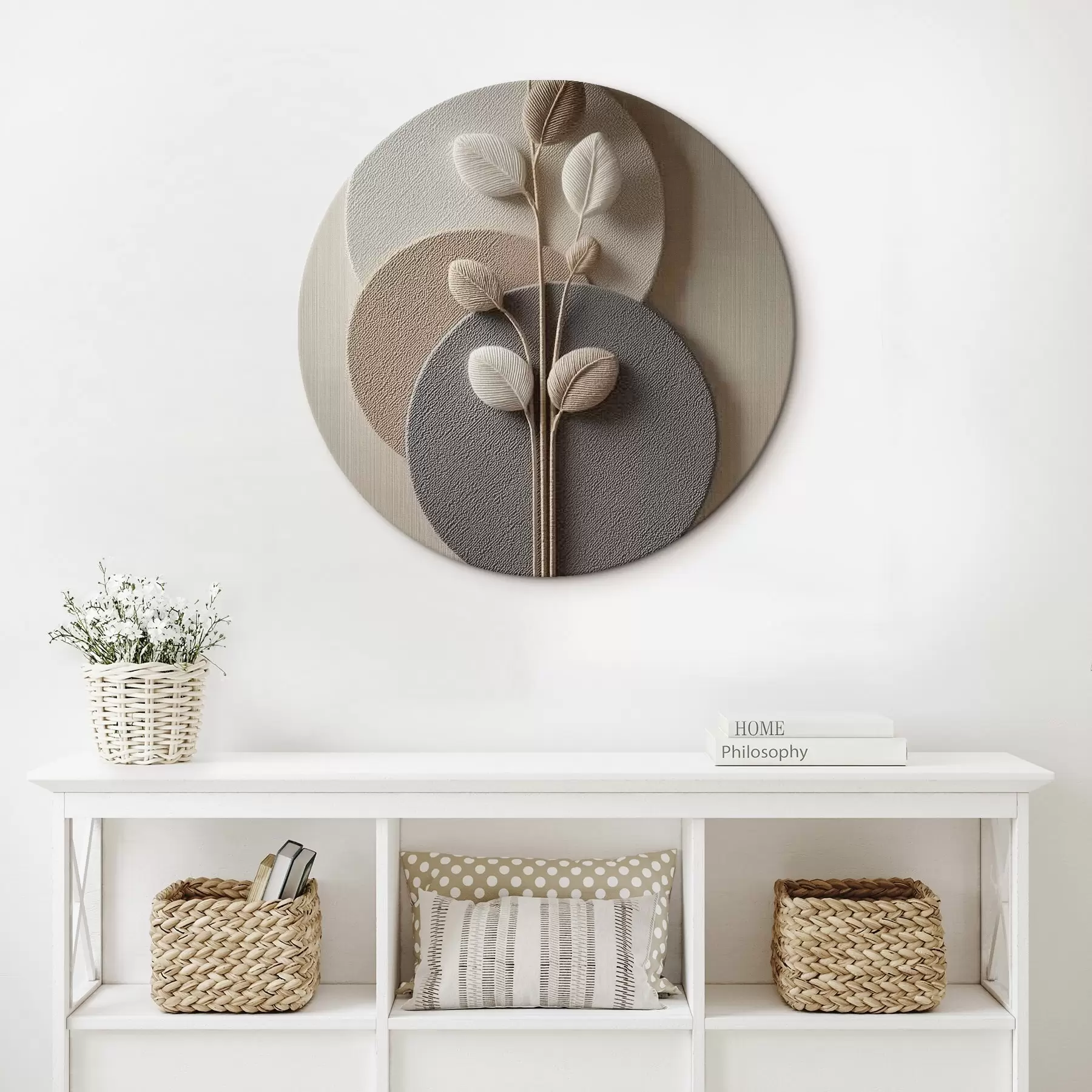 Fototapete Reliefkreise und ein Ast in warmen, neutralen Farbtönen r45883