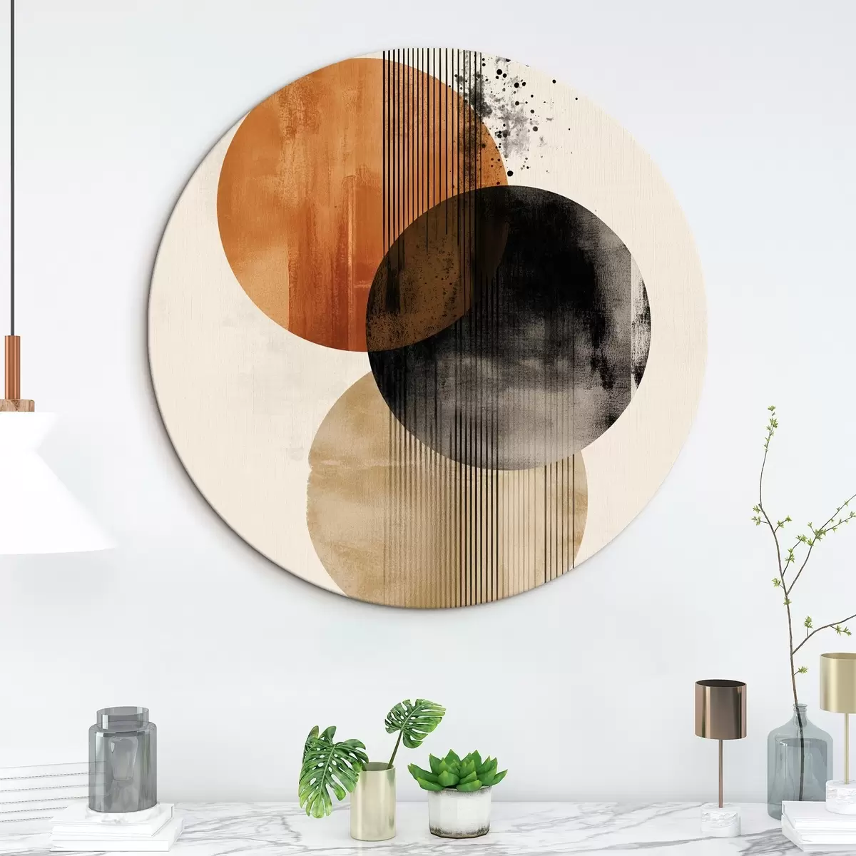 Runde Wandbilder Drei strukturierte Kreise mit Linien in einer terrakotta-schwarzen Farbpalette r45885