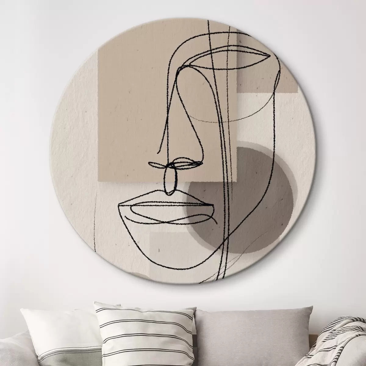 Runde Wandbilder Linienporträt über beigen geometrischen Formen r45886