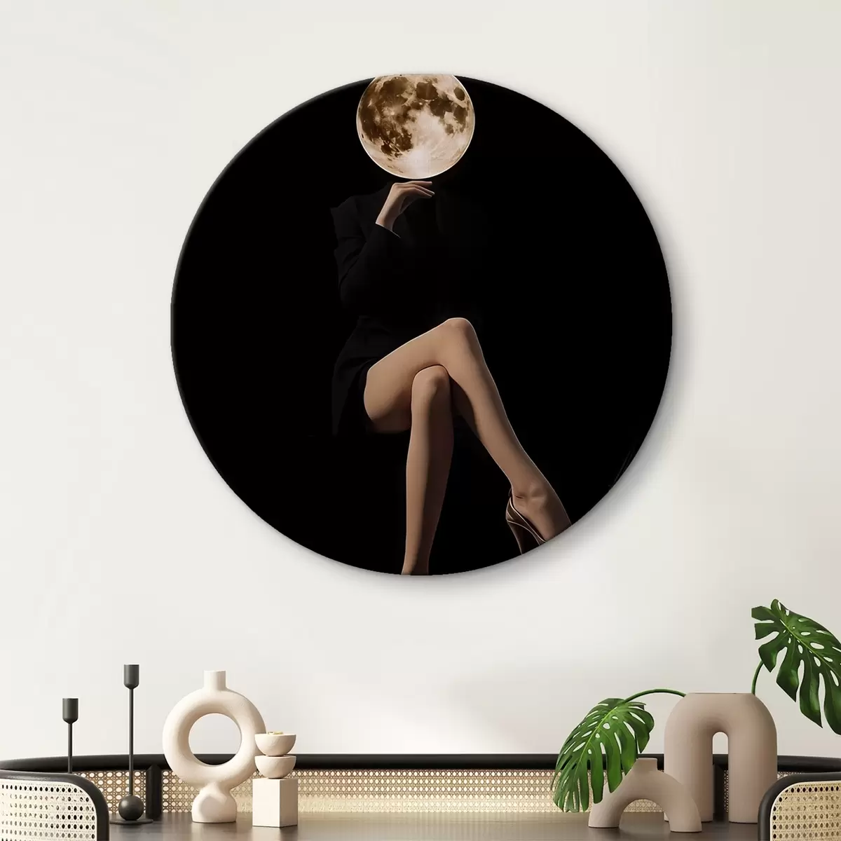 Runde Wandbilder Silhouette mit dem Mond als Gesicht, Minimalismus r45891