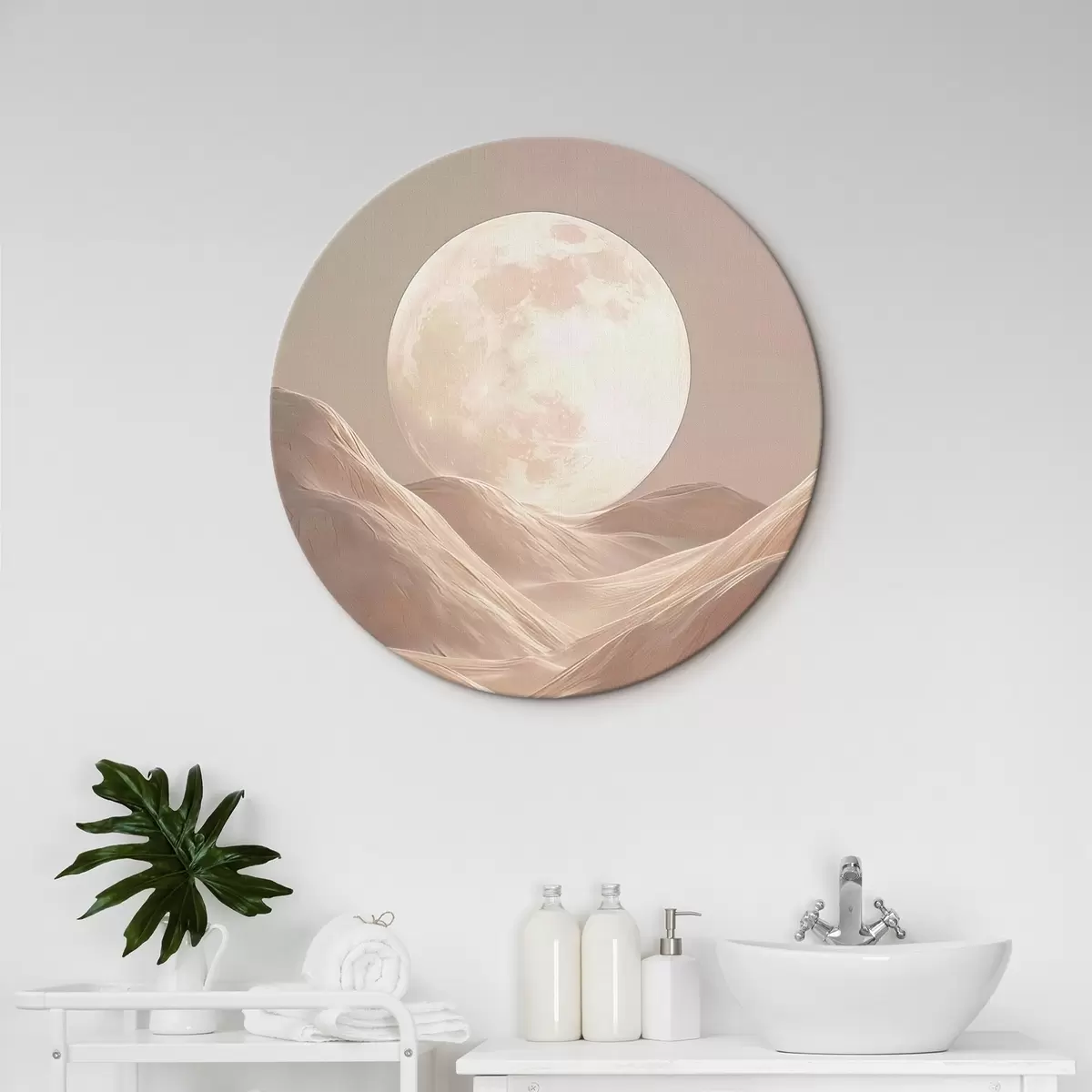 Runde Wandbilder Mond über Sanddünen in rosa Farbtönen r45892