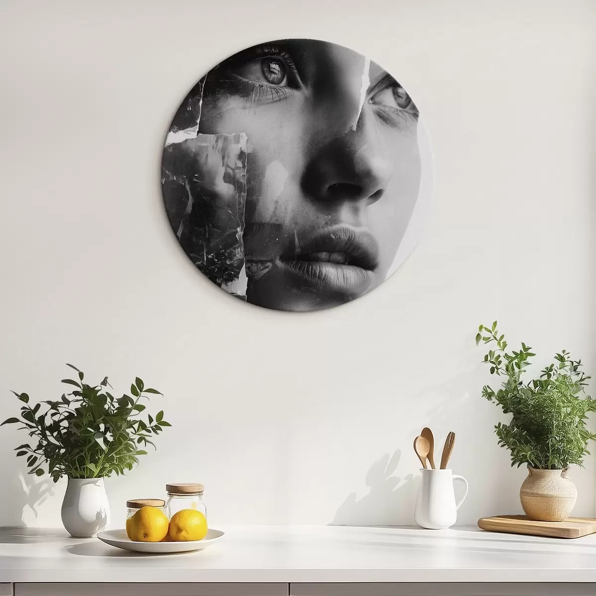 Runde Wandbilder Schwarz-Weiß-Collage-Porträt mit zerrissenen strukturierten Schichten r45898