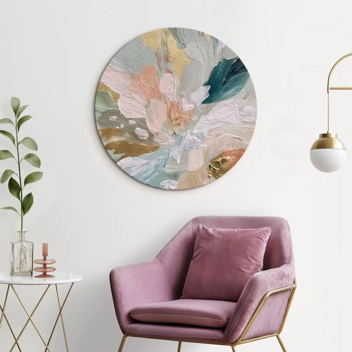 Runde Wandbilder Pastellfarbene Blumenstriche mit gelben Sprenkeln r45899