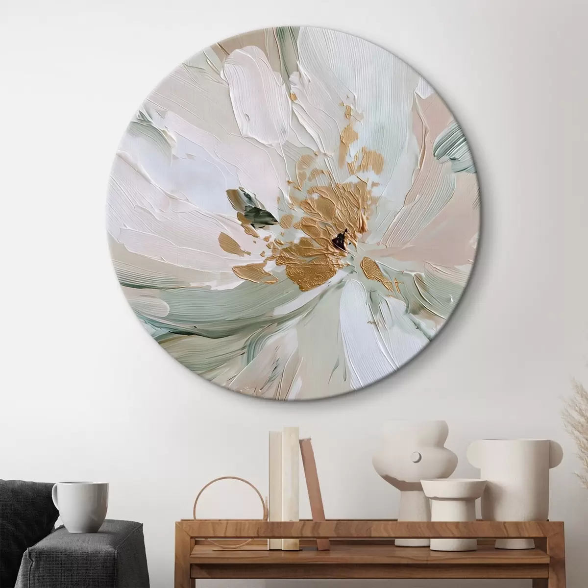 Runde Wandbilder Pastellfarbene Impasto-Blume mit gelben Akzenten r45900
