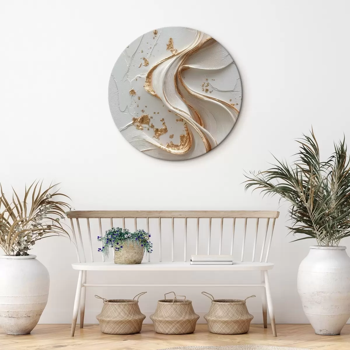 Runde Wandbilder Weiß-gelbe strukturierte Striche mit metallischen Akzenten r45906